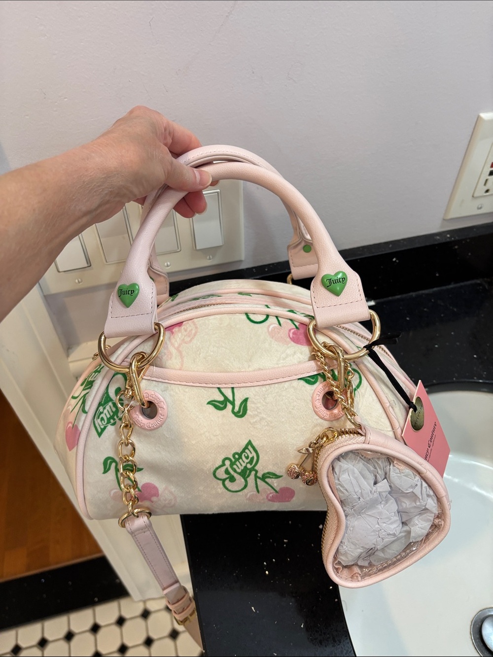 NWT Juicy Couture Light Pink Cherry-Print Satchel with Gold Hardware